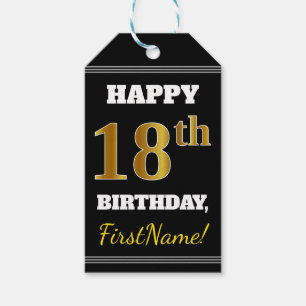 Black, Gold 18th Birthday + Custom Name Cadeaulabel
