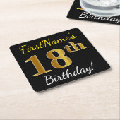 Black, Gold 18th Birthday + Custom Name Kartonnen Onderzetters (Schuin)