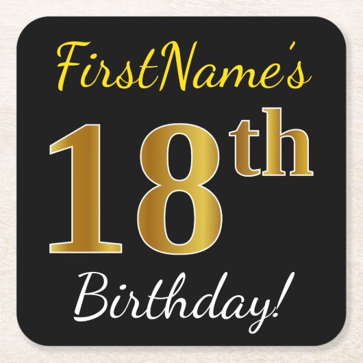 Black, Gold 18th Birthday + Custom Name Kartonnen Onderzetters (Voorkant)