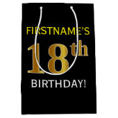 Black, Gold 18th Birthday + Custom Name Medium Cadeauzakje (Voorkant)