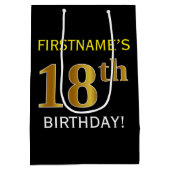 Black, Gold 18th Birthday + Custom Name Medium Cadeauzakje (Achterkant)