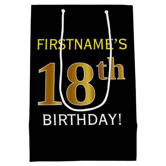 Black, Gold 18th Birthday + Custom Name Medium Cadeauzakje (Achterkant)