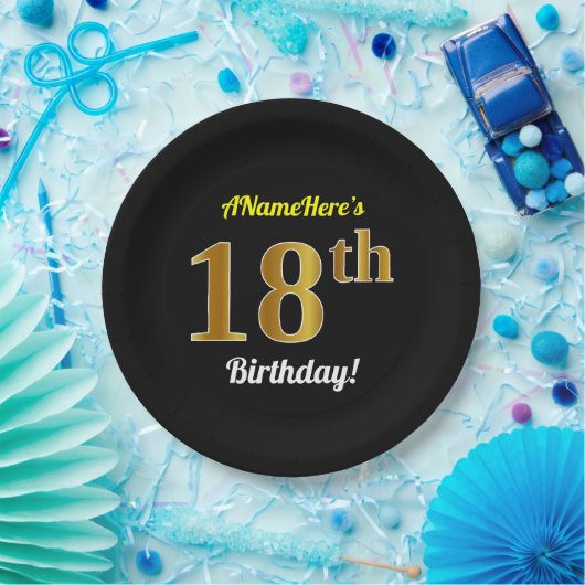 Black, Gold 18th Birthday + Custom Name Papieren Bordje (Feest)