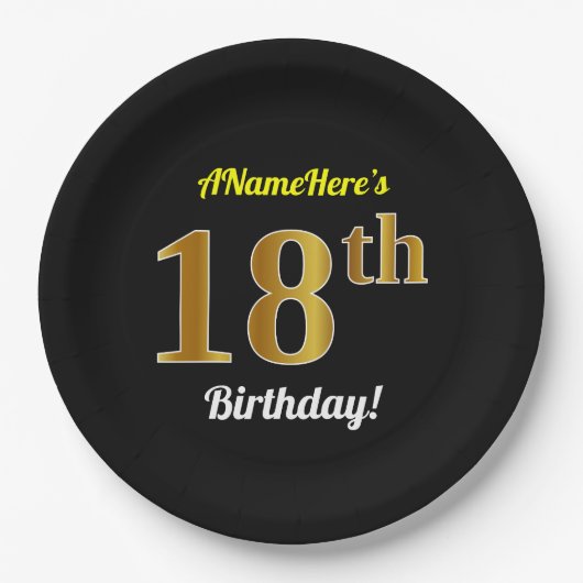 Black, Gold 18th Birthday + Custom Name Papieren Bordje (Voorkant)
