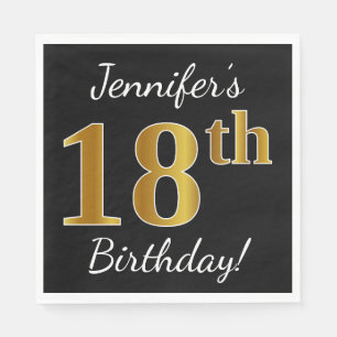 Black, Gold 18th Birthday + Custom Name Servetten
