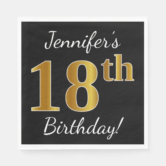 Black, Gold 18th Birthday + Custom Name Servetten (Voorkant)