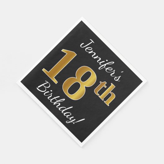 Black, Gold 18th Birthday + Custom Name Servetten (Hoek)