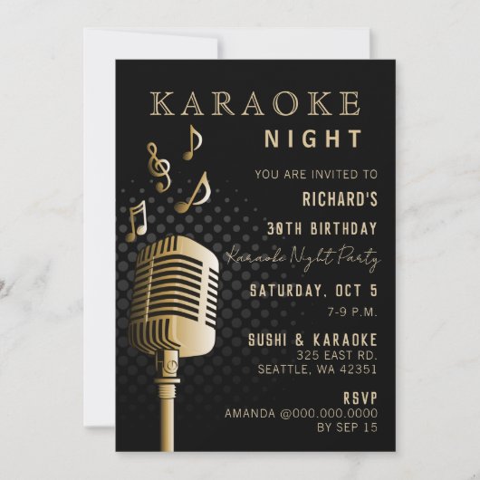Black Gold 30th Birthday Karaoke Night Party Kaart (Voorkant)