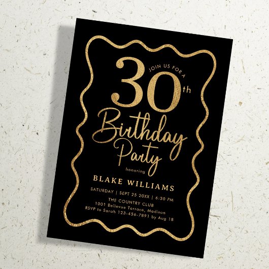 Black Gold 30th Birthday Wavy Border Kaart