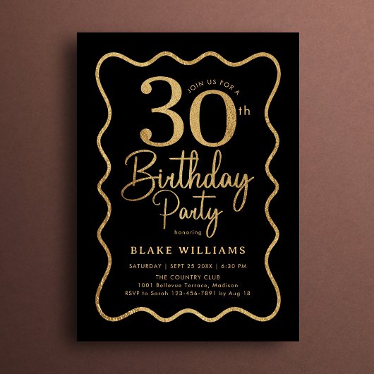 Black Gold 30th Birthday Wavy Border Kaart