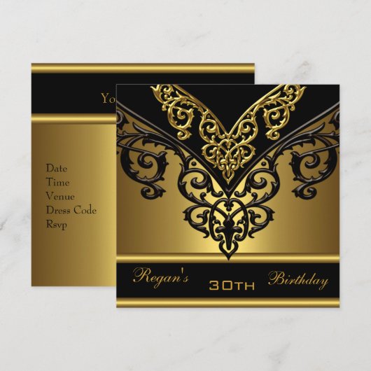  Black Gold 30th Elegant Birthday Party Kaart (Voorkant / Achterkant)