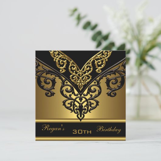  Black Gold 30th Elegant Birthday Party Kaart (Staand voorkant)