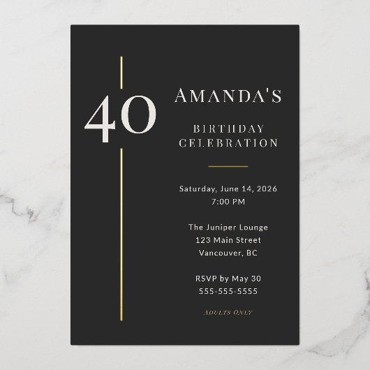 Black Gold 40th Milestone Birthday Celebration Folie Uitnodiging (Voorkant)