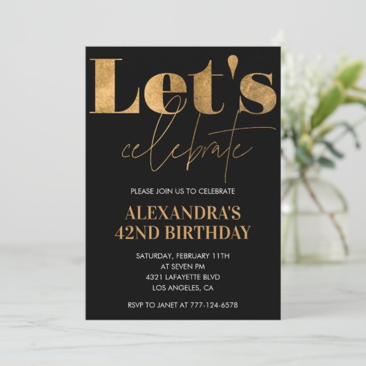Black Gold 42e verjaardag uitnodigingen Elegant (Staand voorkant)