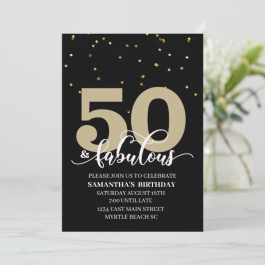 Black Gold 50 en Fabulous Birthday Party Kaart (Staand voorkant)