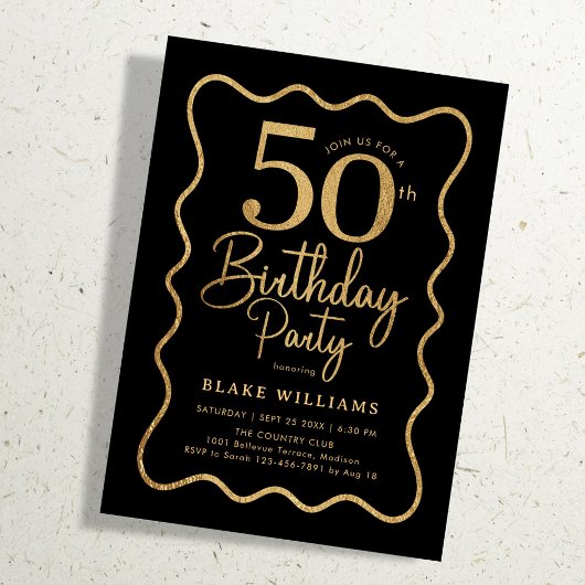 Black Gold 50th Birthday Wavy Border Kaart