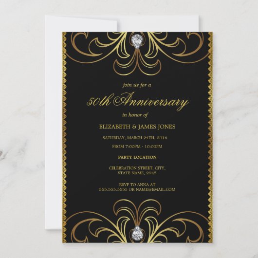 Black & Gold 50th Wedding Jubileum Invite Kaart (Voorkant)
