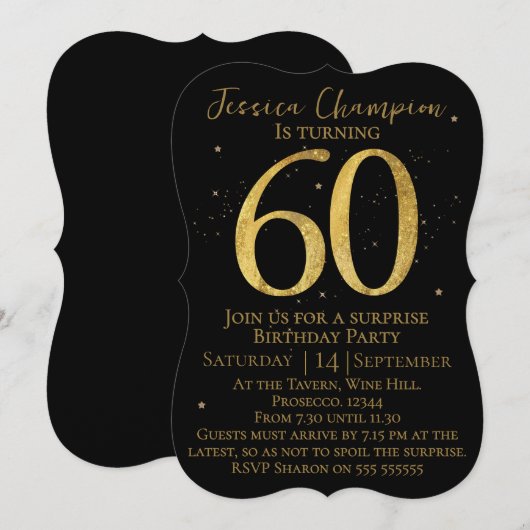Black & Gold 60th Birthday Invitation Kaart (Voorkant / Achterkant)