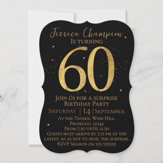 Black & Gold 60th Birthday Invitation Kaart (Voorkant)