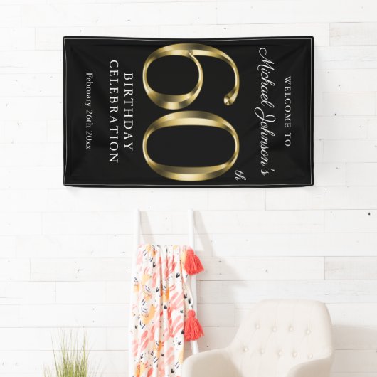 Black Gold 60th Birthday Party Elegant Welkom Spandoek (Insitu)