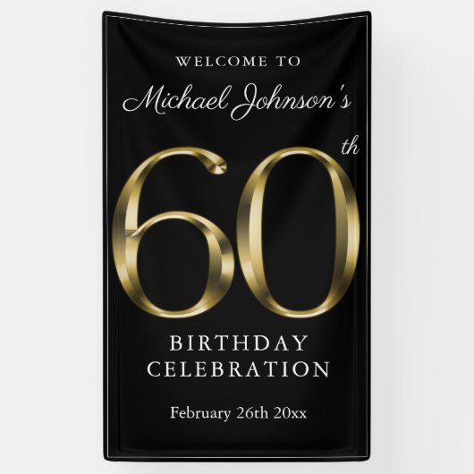 Black Gold 60th Birthday Party Elegant Welkom Spandoek (Verticaal)