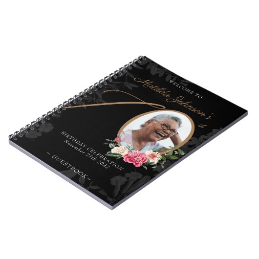 Black Gold 70th Birthday Floral Foto Guestbook Notitieboek (Linkerzijde)