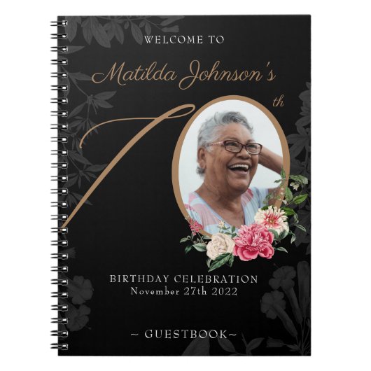 Black Gold 70th Birthday Floral Foto Guestbook Notitieboek (Voorkant)