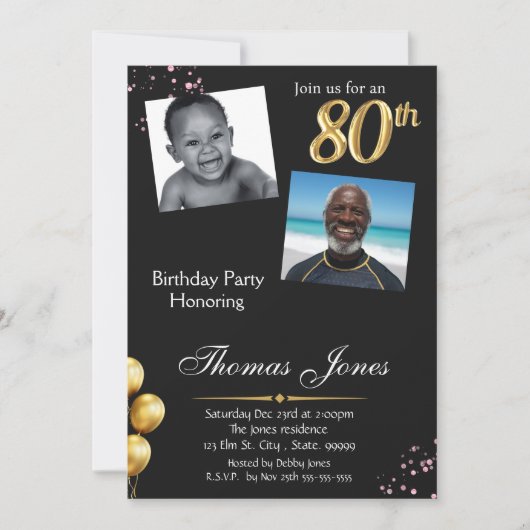 Black Gold 80e foto verjaardagsuitnodiging Kaart (Voorkant)