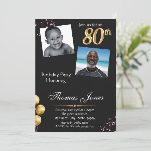 Black Gold 80e foto verjaardagsuitnodiging Kaart (Staand voorkant)