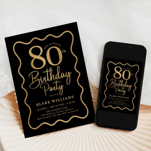Black Gold 80th Birthday Wavy Border Kaart
