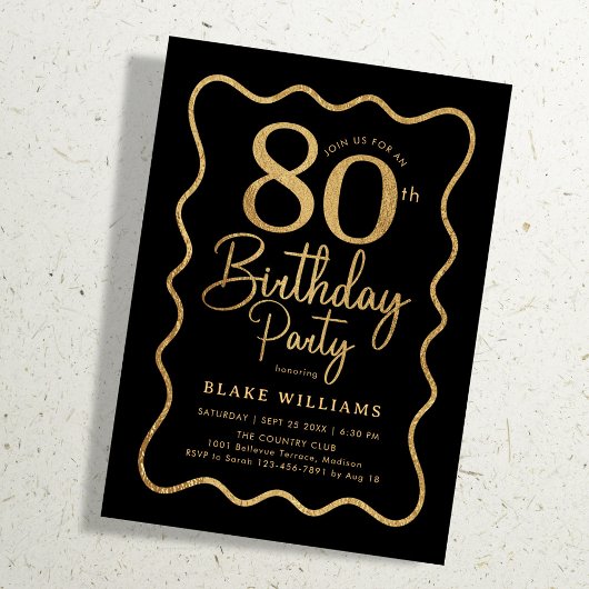 Black Gold 80th Birthday Wavy Border Kaart