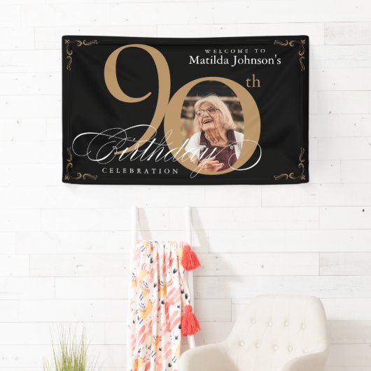 Black Gold 90th Birthday Elegant Calligraphy Photo Spandoek (Insitu)