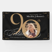 Black Gold 90th Birthday Elegant Calligraphy Photo Spandoek (Horizontaal)