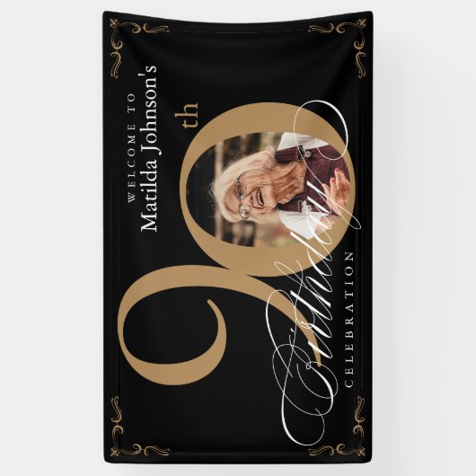Black Gold 90th Birthday Elegant Calligraphy Photo Spandoek (Verticaal)