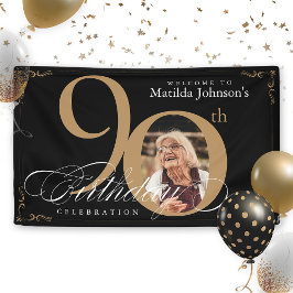 Black Gold 90th Birthday Elegant Calligraphy Photo Spandoek