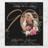 Black Gold 90th Birthday Floral Classy Custom Wijn Etiket (Enkel label)
