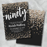 Black Gold 90th Birthday Kaart<br><div class="desc">Introductie van een chique en feestelijke uitnodiging voor het 90e verjaardagsfeest, perfect voor het markeren van deze speciale mijlpaal in stijl. Het elegante ontwerp is voorzien van een mix van goud en zilver glitter confetti, het toevoegen van een vleugje plezier en feestelijkheid. Bovenaan wordt "Ninety" prominent weergegeven in gedurfde kalligrafie,...</div>