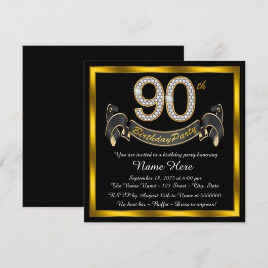 Black Gold 90th Birthday Party Kaart (Voorkant / Achterkant)