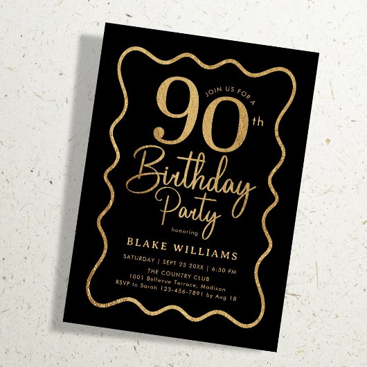 Black Gold 90th Birthday Wavy Border Kaart
