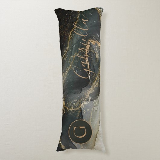 Black Gold Abstract marmer monogram Lichaamskussen (Voorkant Verticaal)