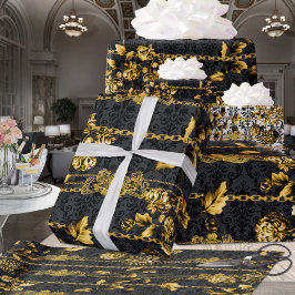 Black Gold Acanthus Leaf Chains Floral Gold Black Cadeaupapier