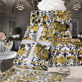 Black Gold Acanthus Leaf Chains Floral Gold White Cadeaupapier