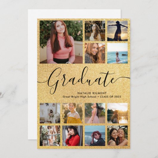 Black & Gold Afstuderen 13 Photo Collage Afstudere Aankondiging (Voorkant / Achterkant)
