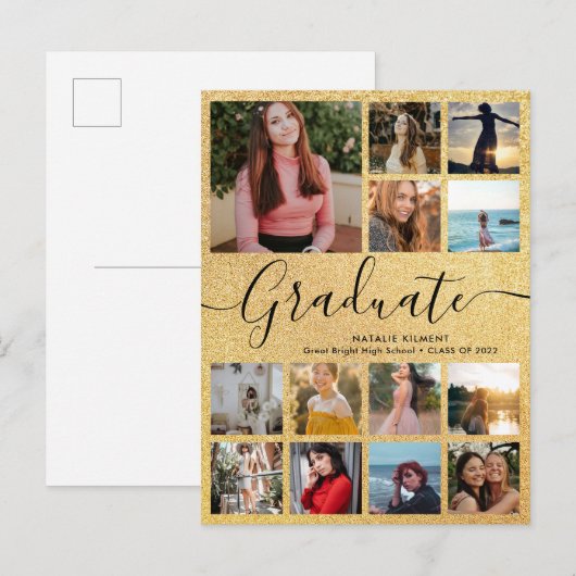 Black & Gold Afstuderen 13 Photo Collage Afstudere Aankondigingskaart (Voorkant / Achterkant)
