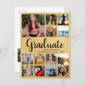 Black & Gold Afstuderen 14 Photo Collage Afstudere Aankondigingskaart (Voorkant / Achterkant)