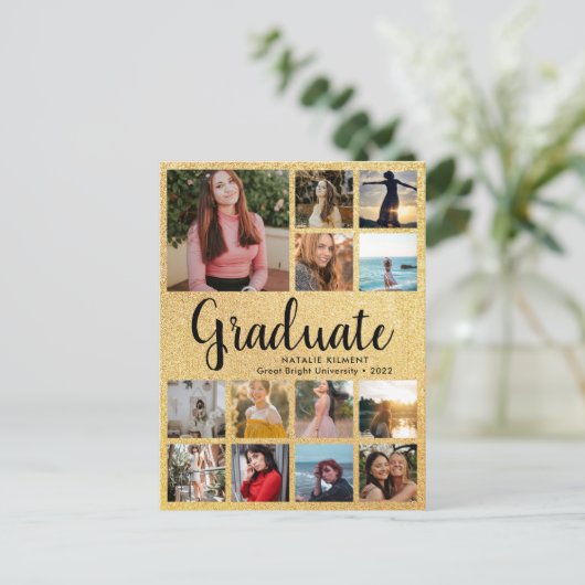 Black & Gold Afstuderen 14 Photo Collage Afstudere Aankondigingskaart (Staand voorkant)