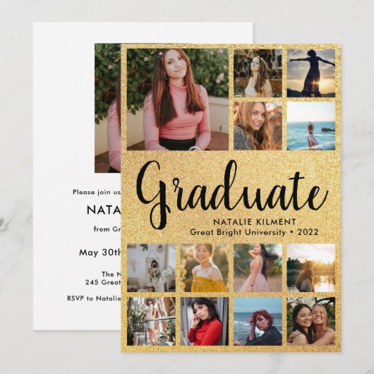 Black & Gold Afstuderen 14 Photo Collage Afstudere Kaart (Voorkant / Achterkant)