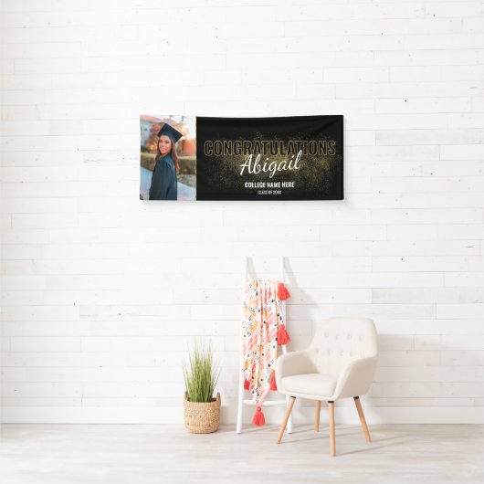 Black & Gold Afstuderen Gefeliciteerd Foto Spandoek (Insitu)