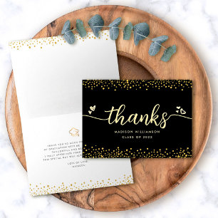 Black Gold Afstuderen Modern Elegant Script Height Bedankkaart