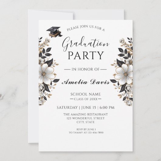 Black & Gold Afstuderen Uitnodiging (Voorkant)